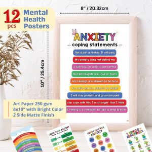 12 Mental Health Posters for for Classroom School Counselor Psychologist Decor Therapy Office (8x10 Inches Unframed)