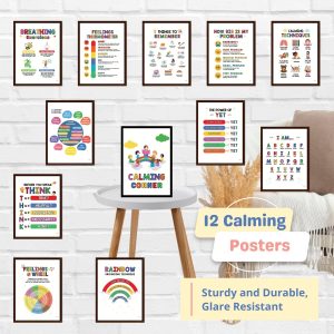 12 Calm Down Corner Poster Feelings Wheel Breathing Exercises for Kids Classroom Counseling Office Decor (8x10 Inches Unframed)