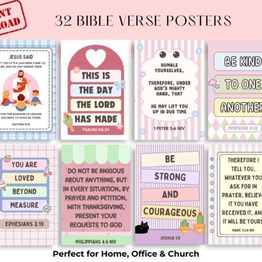 32 Bible Verse Posters for Kids – Christian Classroom Decor, Sunday School Printables, Scripture Wall Art, Religious Homeschool Materials