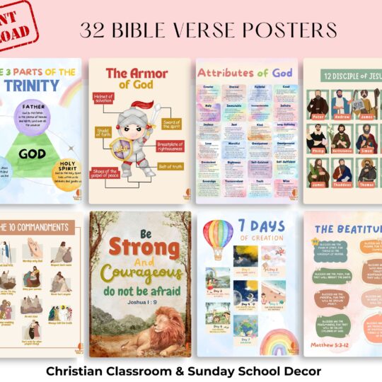 32 Christian Printable Posters – Sunday School Decor, Kids Scripture Wall Art, Faith-Based Learning Charts, Bible Verse Posters for Children