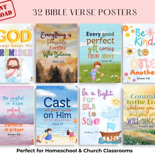 32 Bible Verse Wall Art for Kids – Christian Classroom Posters, Religious Homeschool Printables, Sunday School Learning Charts