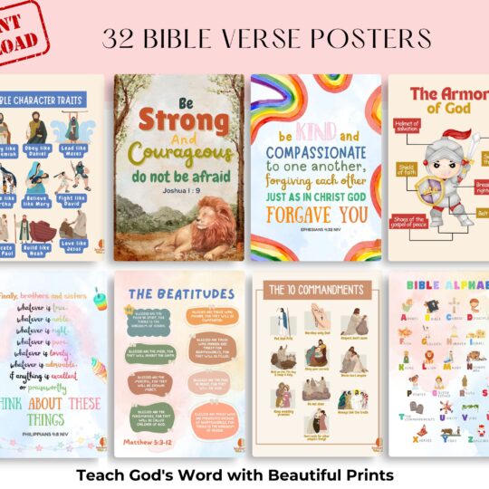32 Sunday School Posters for Kids – Bible Verse Printables, Christian Homeschool Decor, Church Classroom Wall Art, Scripture Learning Charts