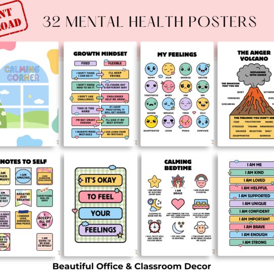 32 Mental Health Poster Set – Therapy Office Decor, Counseling Office Must-Have, Social Worker & School Counselor Wall Art, Psychology Decor
