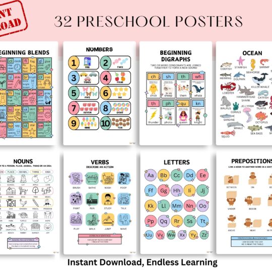 Preschool Learning Poster Bundle – 32 Printable Charts for Kids | Montessori Wall Art, Homeschool Printables, Toddler Learning Posters