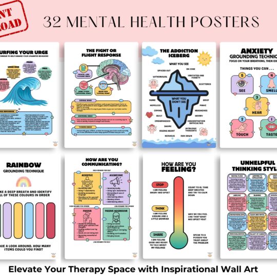 32 Mental Health Wall Art – Therapy Office Must-Have, Counseling Office Decor, Psychology Poster, School Counselor & Social Work Office Decor