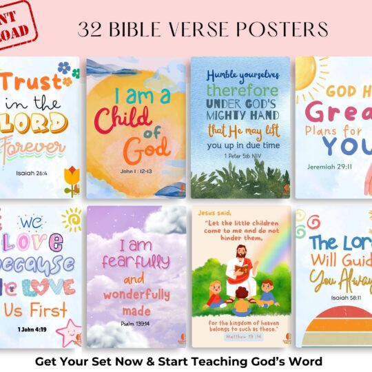 Set of 32 Printable Christian Bible Verse Posters – Inspirational Wall Art, Motivational Scriptures, Faith Quotes for Home, Office, Church Decor