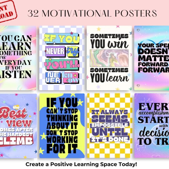 Printable Inspirational Quote Posters – 32 Motivational Prints for Kids, Classroom Wall Art, Teacher Office Decor, Growth Mindset Bundle