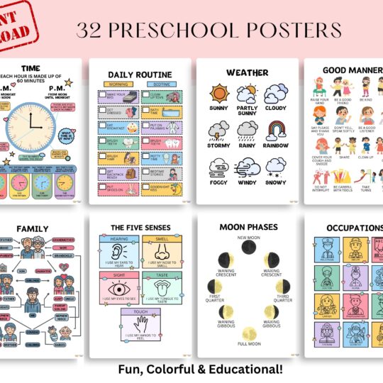 Printable Preschool Posters – 32 Educational Charts for Kids | Alphabet, Numbers, Emotions, Colors, Shapes & More for Homeschool or Classroom