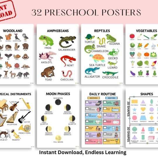 32 Educational Posters for Preschool – ABC, Numbers, Shapes, Emotions, Calendar | Homeschool & Classroom Printable Learning Decor