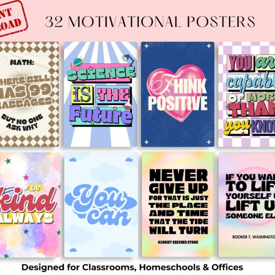 32 Growth Mindset Quote Posters – Motivational Printable for Kids, Classroom Wall Art, Bulletin Board Decor, Counseling Office Poster Set