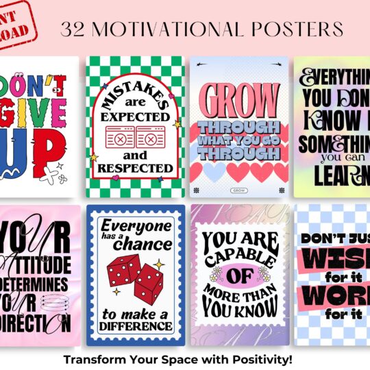32 Printable Motivational Posters – Positive Quote Wall Art for Classroom Decor, Growth Mindset Bulletin Board, Office & Teacher Supplies